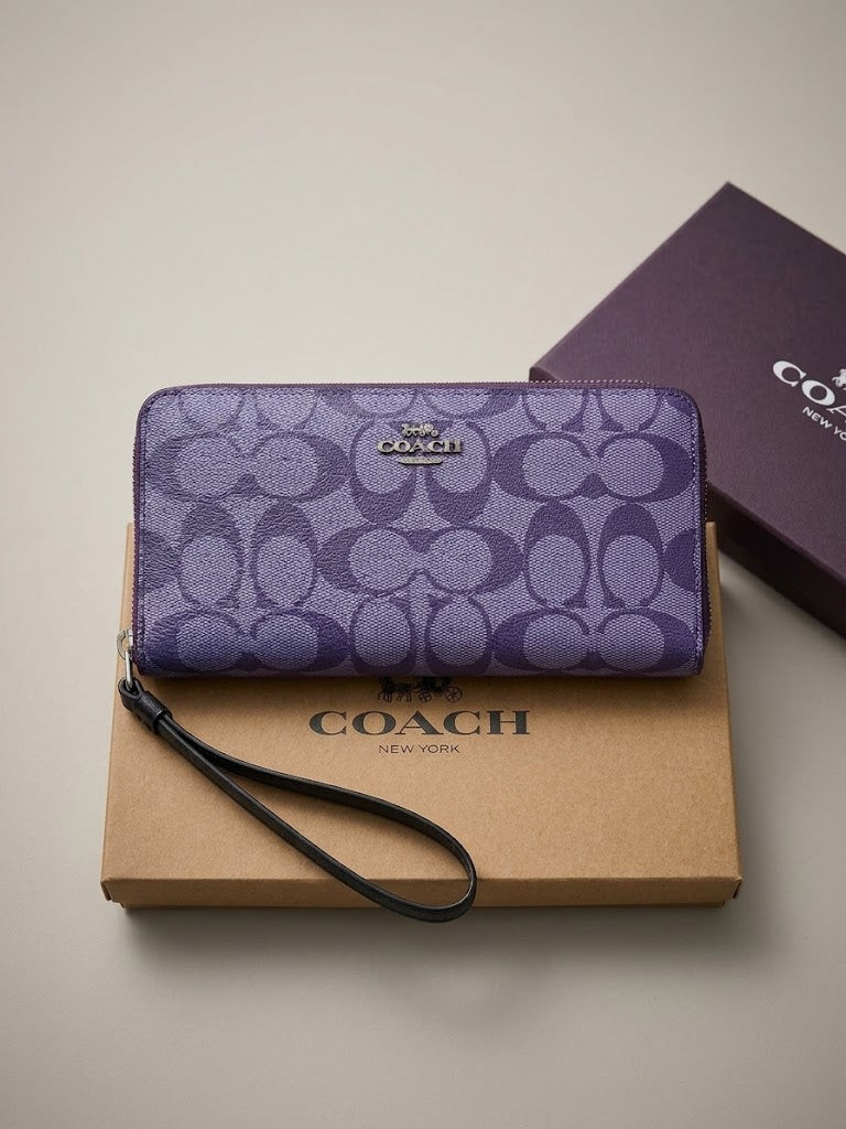 COACH Signature Long Zip Around Wallet Purple C Monogram Wristlet New