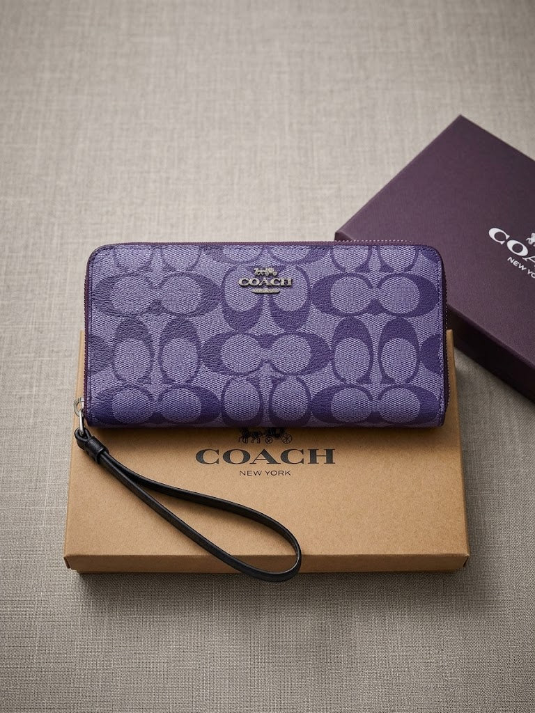 COACH Signature Long Zip Around Wallet Purple C Monogram Wristlet New
