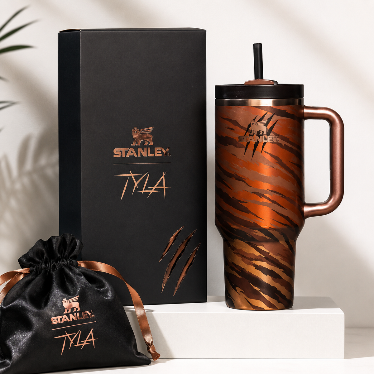 Stanley x Tyla Quencher Tumbler 40oz – Limited Edition Black & Copper Tiger Print Insulated Travel Cup