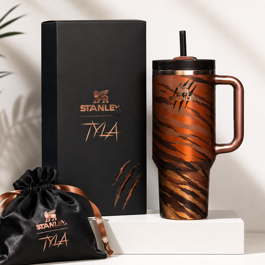 Stanley x Tyla Quencher Tumbler 40oz – Limited Edition Black & Copper Tiger Print Insulated Travel Cup