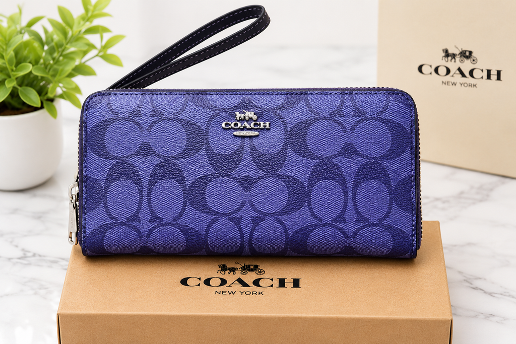 COACH Signature Long Zip Around Wallet Purple C Monogram Wristlet New