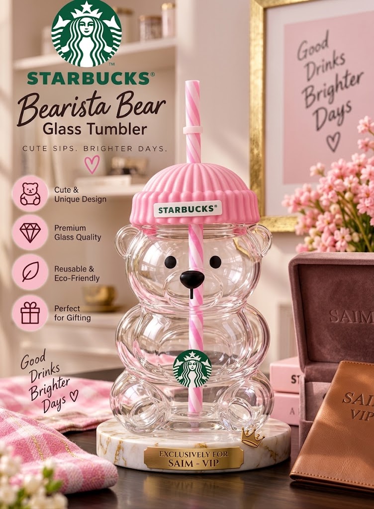 Starbucks Bearista Bear Glass Tumbler with Pink Straw & Lid – Cute Reusable Drink Cup Gift