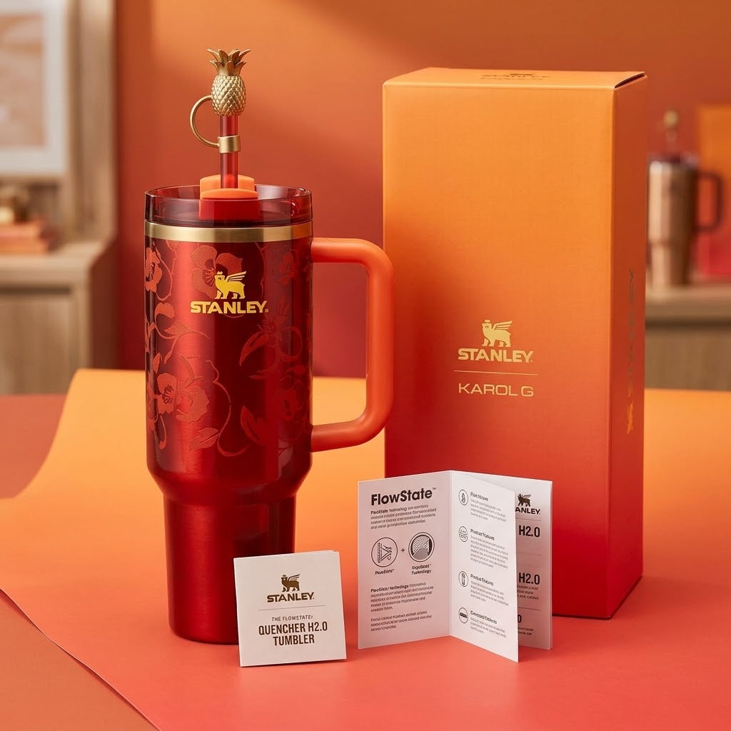 Stanley x KAROL G Quencher H2.0 Tumbler 40 oz Floral Burgundy Orange Limited Edition