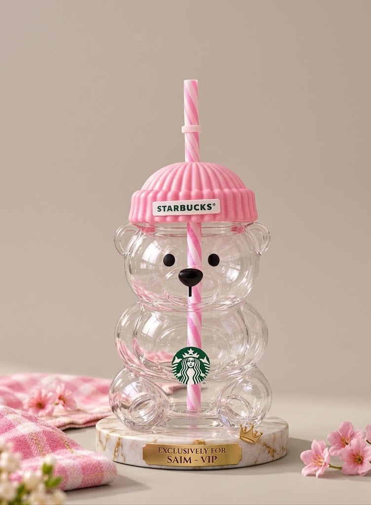 Starbucks Bearista Bear Glass Tumbler with Pink Straw & Lid – Cute Reusable Drink Cup Gift