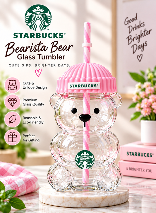 Starbucks Bearista Bear Glass Tumbler with Pink Straw & Lid – Cute Reusable Drink Cup Gift