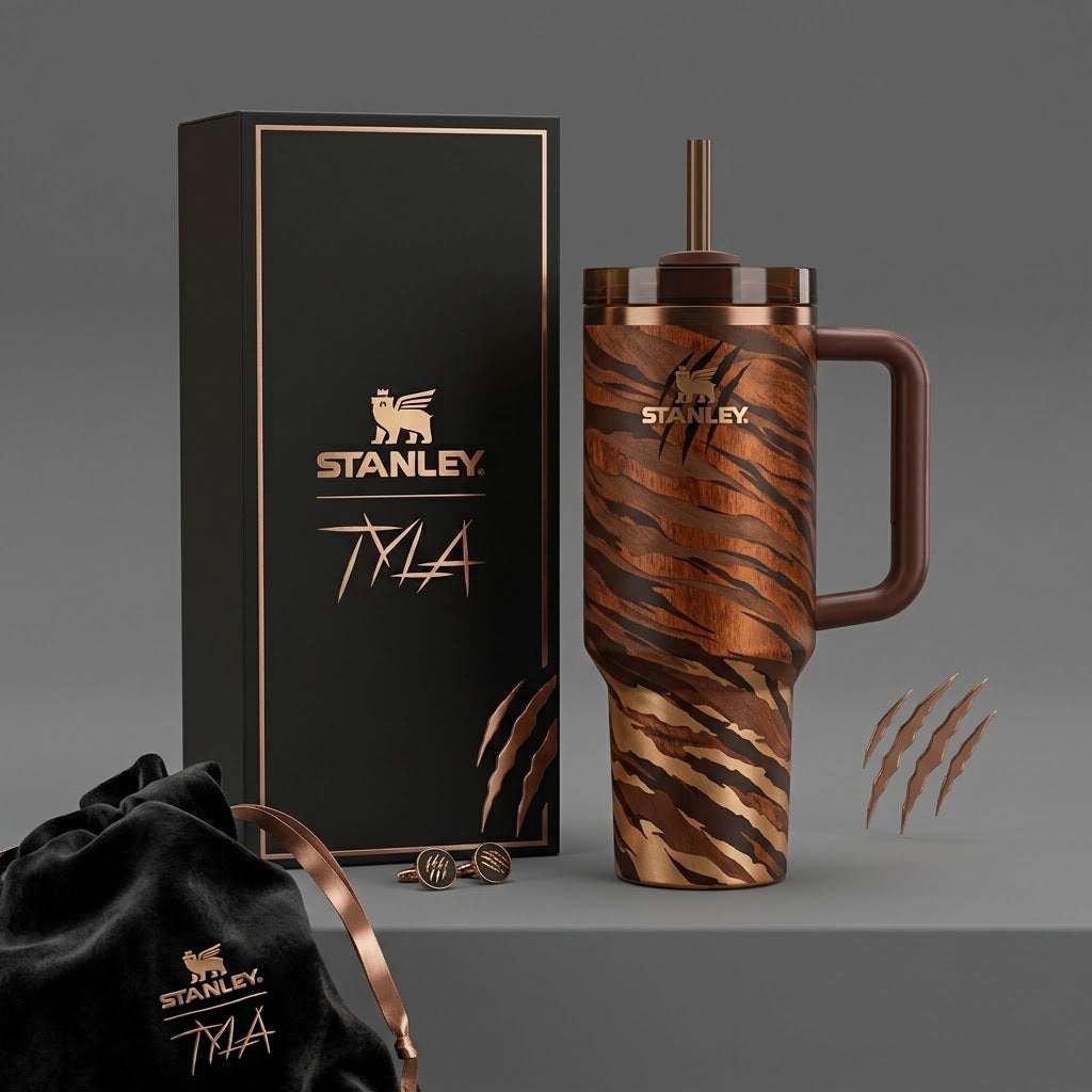 Stanley x Tyla Quencher Tumbler 40oz – Limited Edition Black & Copper Tiger Print Insulated Travel Cup