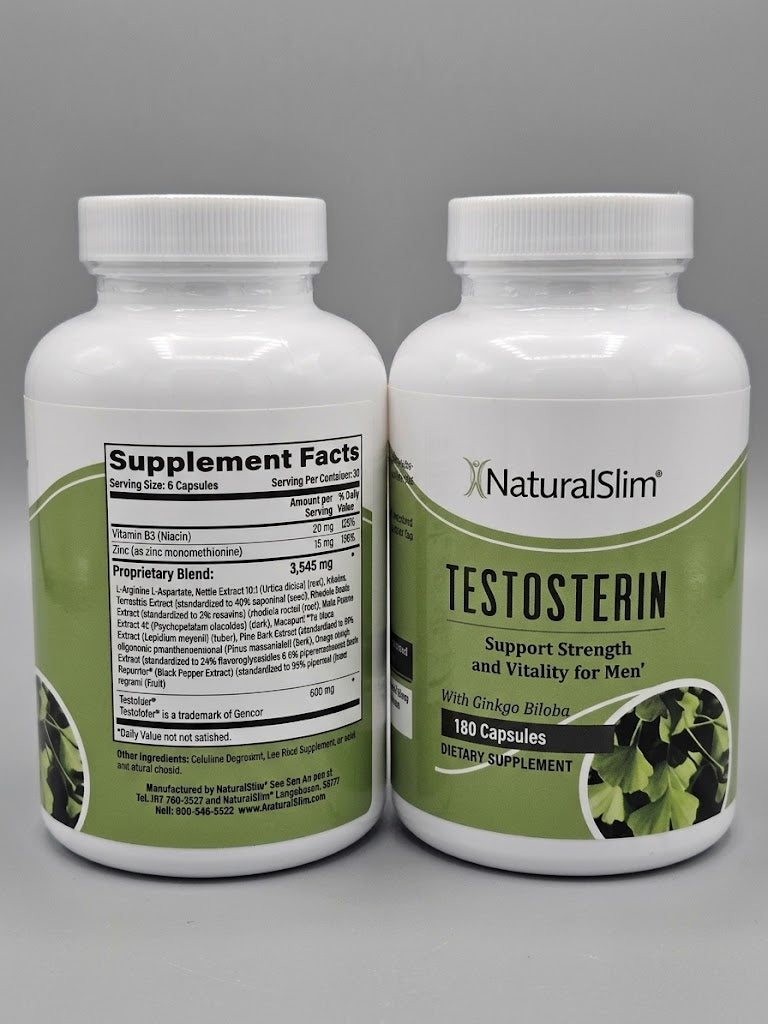 NaturalSlim Testosterin 180 Capsules Dietary Supplement With Ginkgo Biloba for Men
