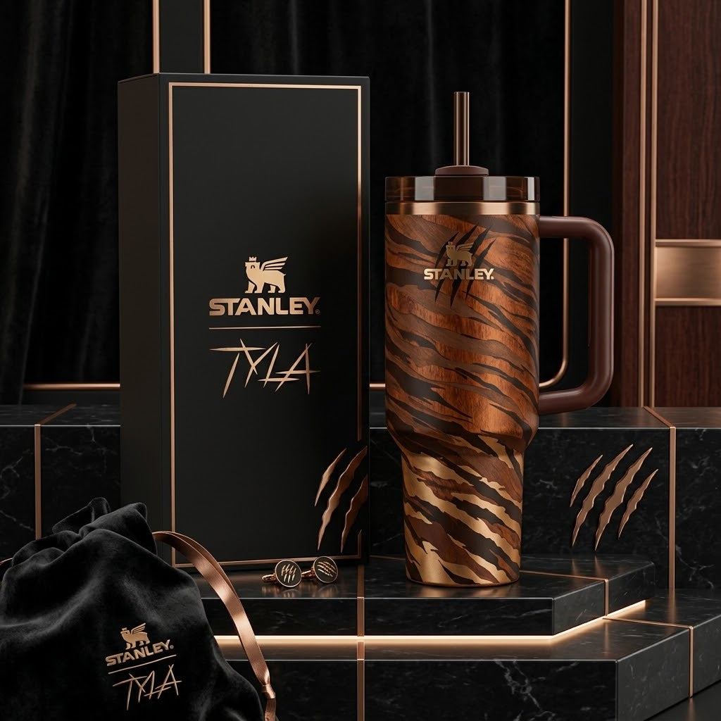 Stanley x Tyla Quencher Tumbler 40oz – Limited Edition Black & Copper Tiger Print Insulated Travel Cup