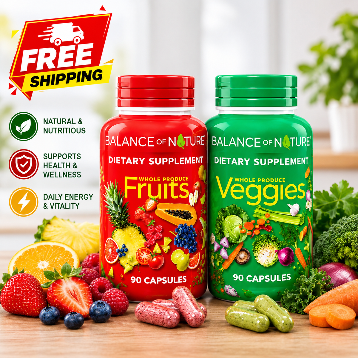 Balance of Nature Whole Produce Fruits & Veggies Dietary Supplement – 90 Capsules, Natural Wellness Support